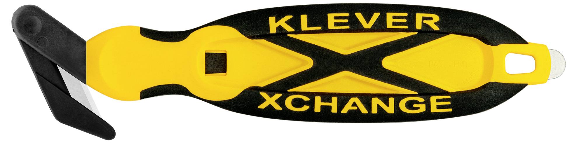 Schwarzes und gelbes Sicherheitsmesser mit der Aufschrift 'Klever XChange', ergonomisches Design mit austauschbarer Klinge.