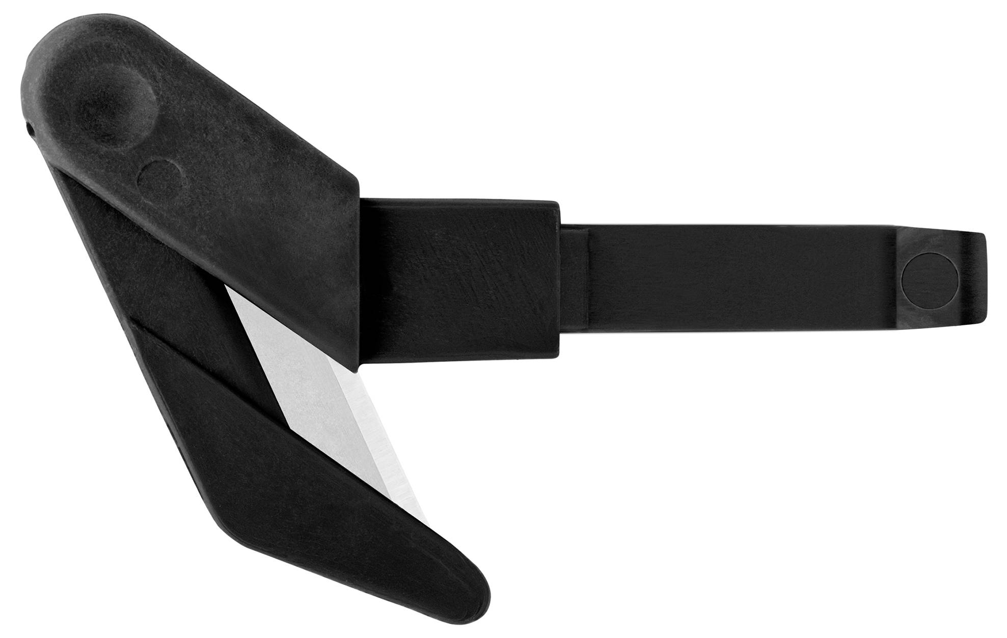 Ein schwarzer Mauspads-Clip mit zweigeteiltem Greifer und arretierbarem Hebel, der das Mauspad am Tisch fixiert.