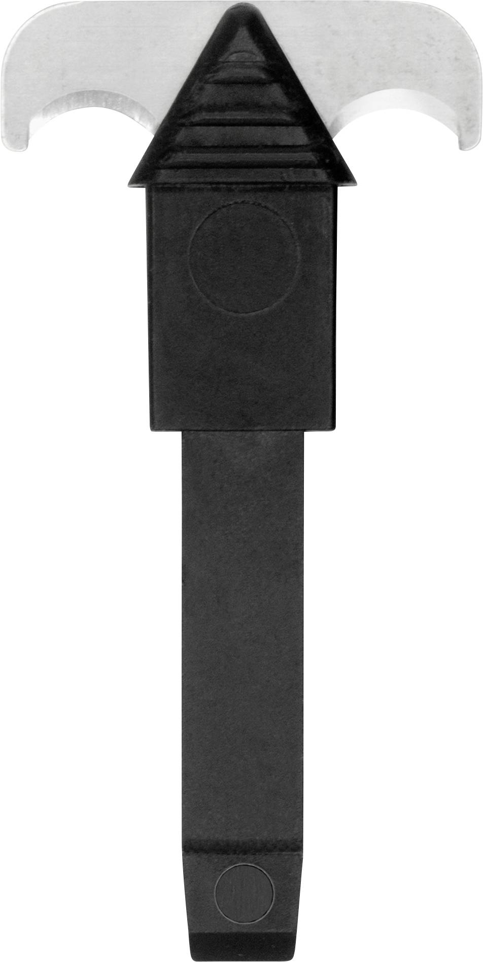 Ein schwarzer Kunststoff-Öffner mit silbernem Metallaufsatz, geeignet zum Öffnen von Dosen oder Flaschen mit Kronkorken.