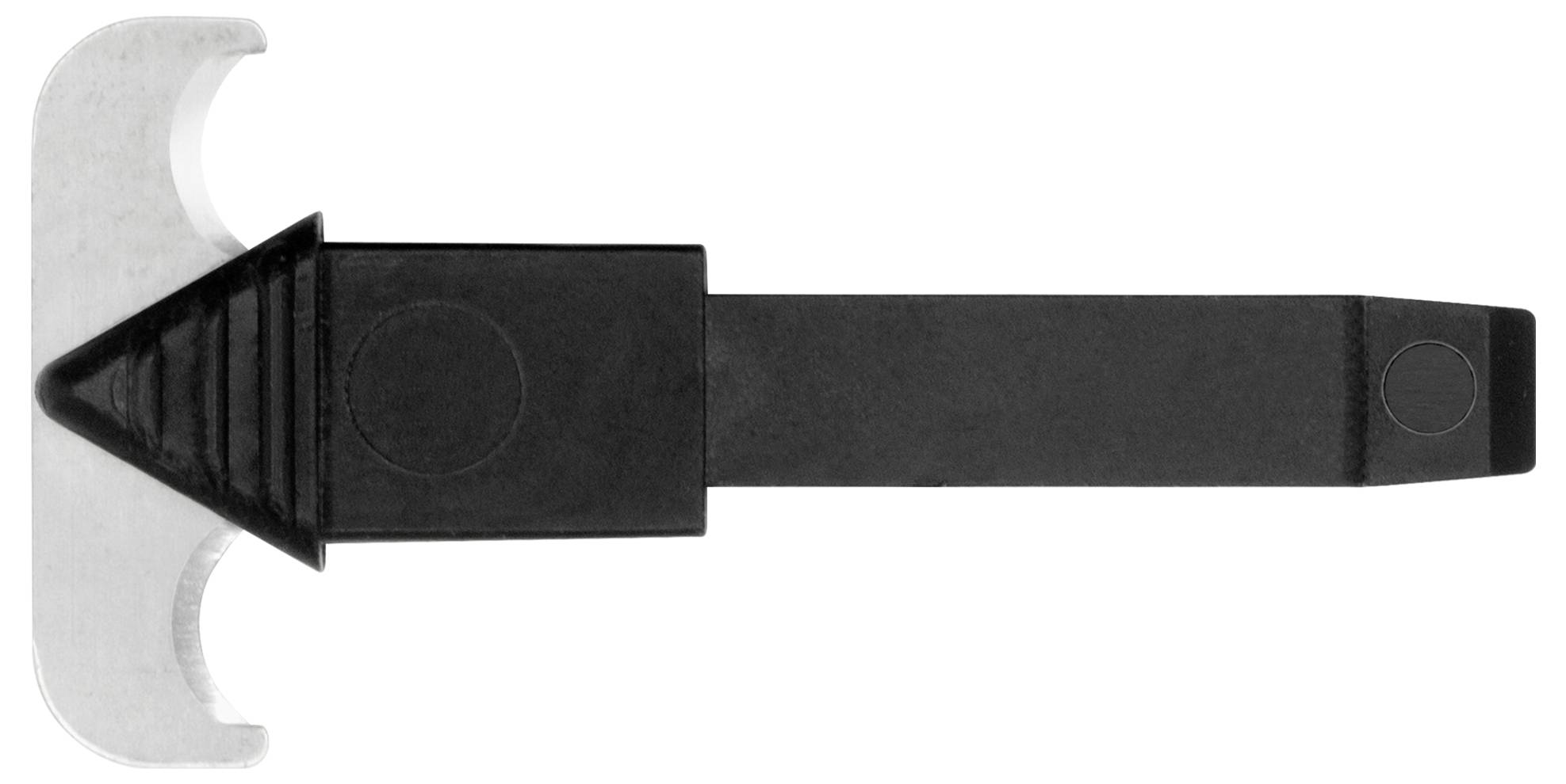 Schwarzes Hebelwerkzeug mit silberner Endklinge, auf weißem Hintergrund. Verwendung unklar, vermutlich zum Öffnen oder Lösen.