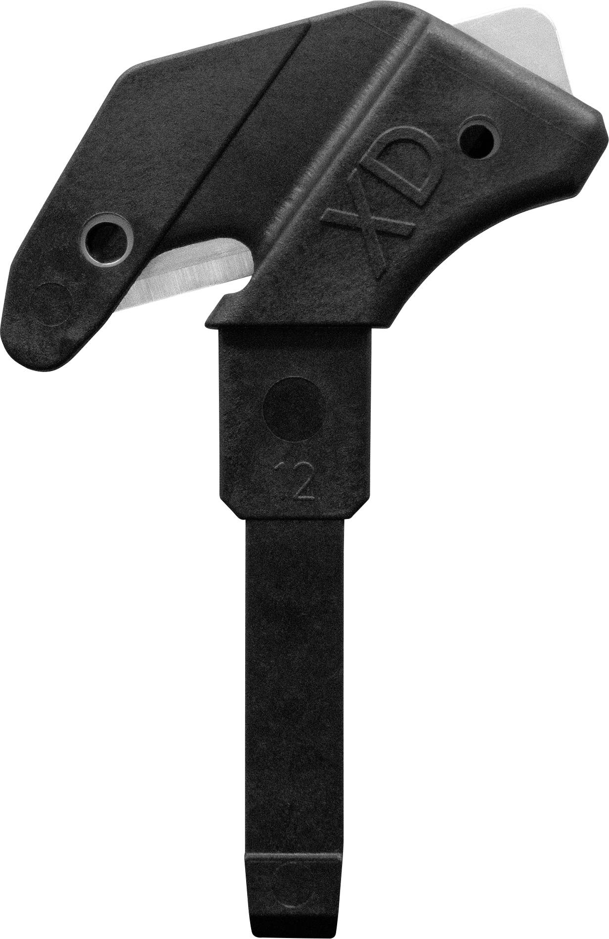 Ein schwarzes, metallisches Werkzeug oder Teil mit der Aufschrift 'XD' und einer länglichen Basis, möglicherweise eine Ersatzkomponente.