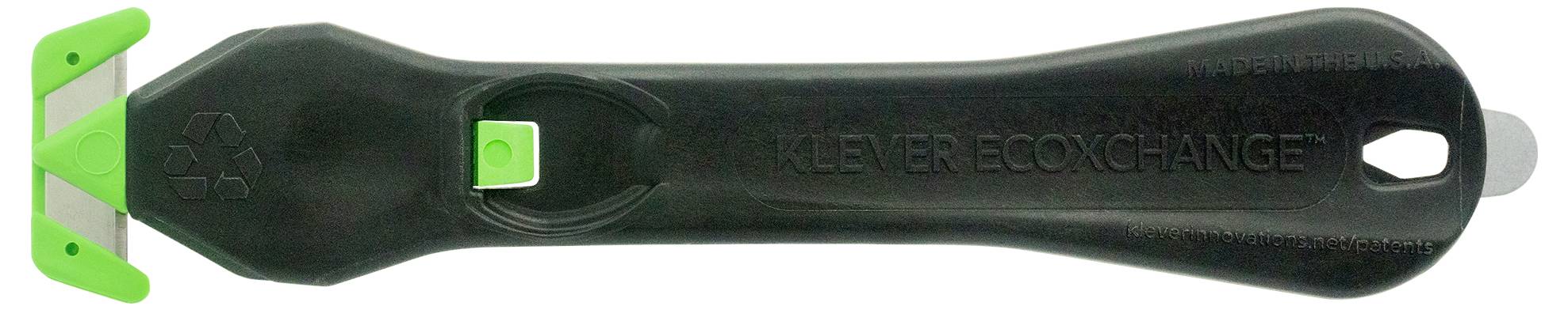 Ein schwarzer Glasschaber mit einem grünen Sicherheitsmechanismus und Wechselklinge, geeignet für Oberflächenreinigung.