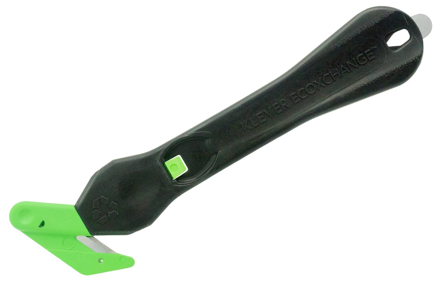 Ein schwarzer Sicherheitsmesser mit grünem Klingenschutz und ergonomischem Griff, geeignet zum sicheren Schneiden von Verpackungen.