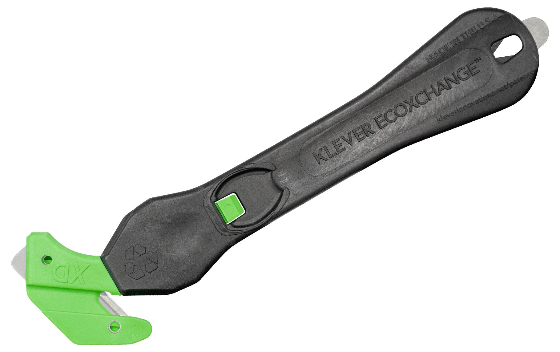 Ein Schneidwerkzeug mit schwarzem Griff und grünem Klingenschutz aus Kunststoff, ausgelegt für sicheres Schneiden und Klingenwechsel.