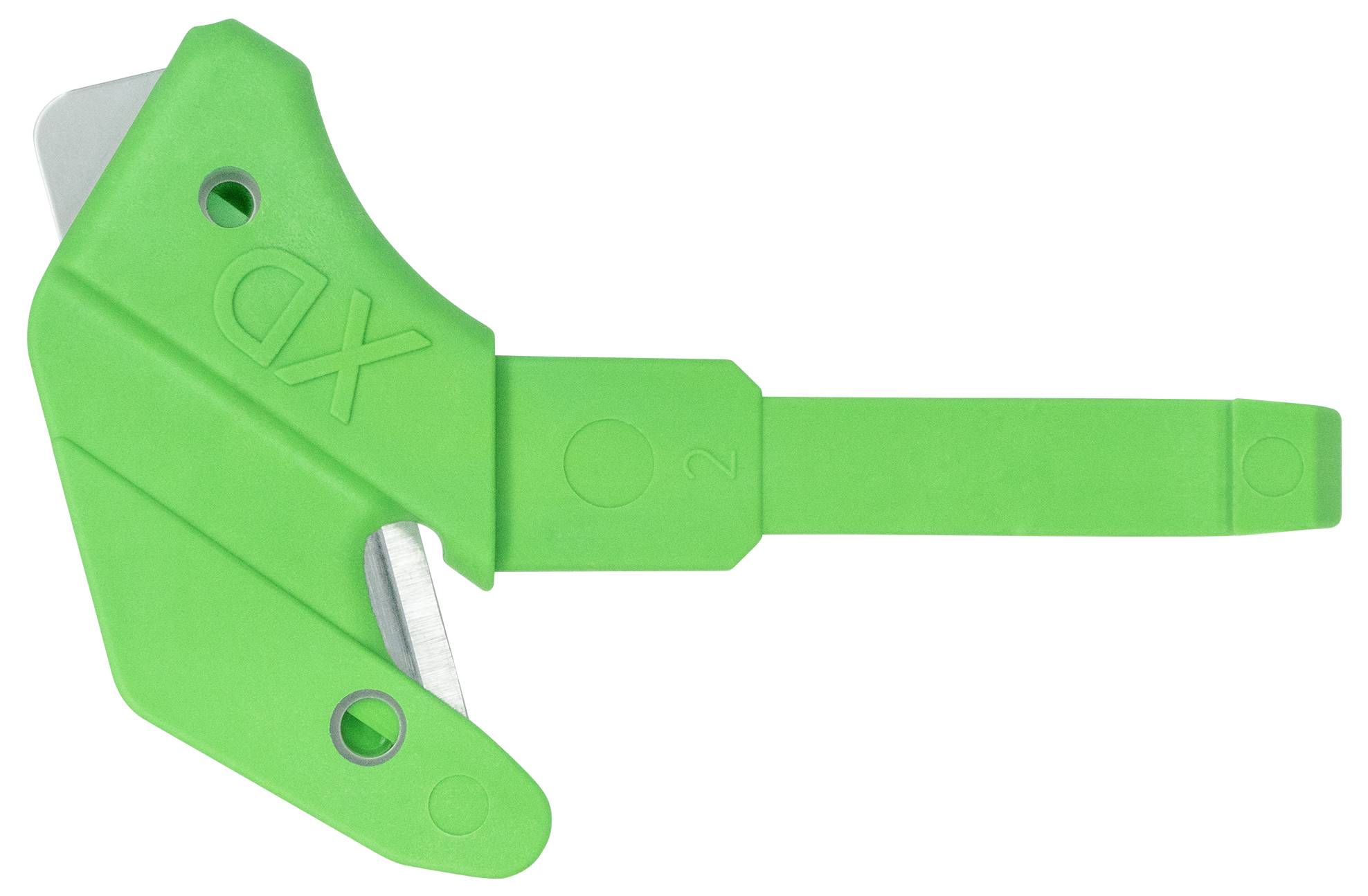 Ein grüner Sicherheitsverschluss aus Plastik, mit Aufdruck 'XD' und Einkerbung, möglicherweise für mechanische oder medizintechnische Anwendungen.