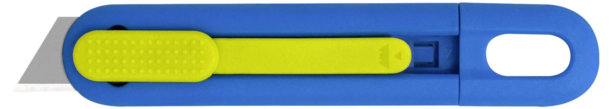 Blauer Universalschneider mit gelbem Schieber und silberner Klinge, einziehbar durch Drücken des gelben Schiebers.