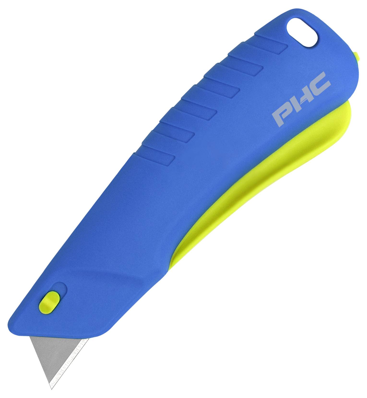 Ein Sicherheitsmesser mit blauem Griff und eingezogener Klinge. Es hat eine gelbe Taste für die Klingenfreigabe und ist mit 'PHC' beschriftet.