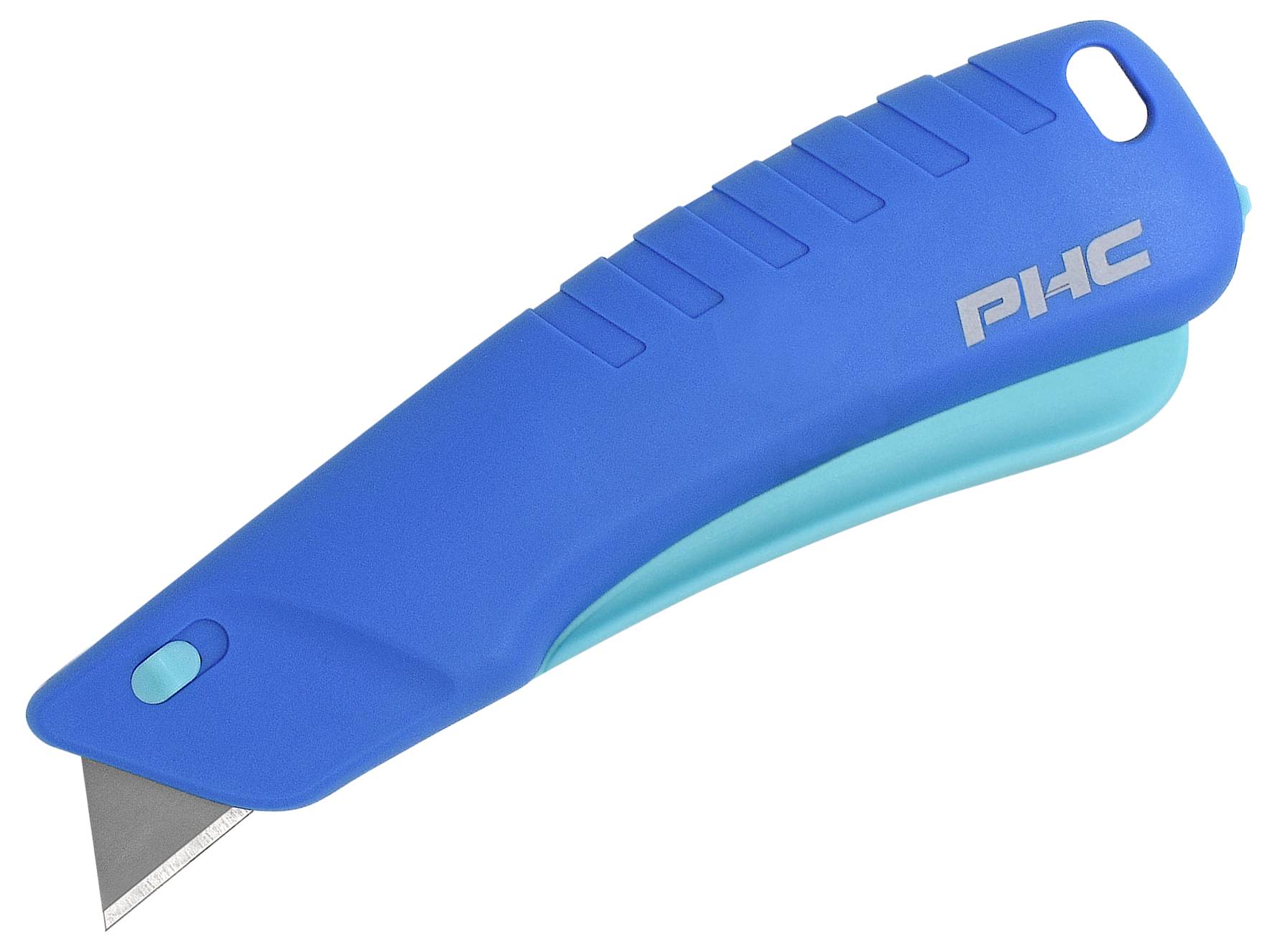 Ein blaues Sicherheitsmesser mit zurückziehbarer Klinge, ergonomischem Griff und einem hellblauen Schieber zum Klinge ausfahren.