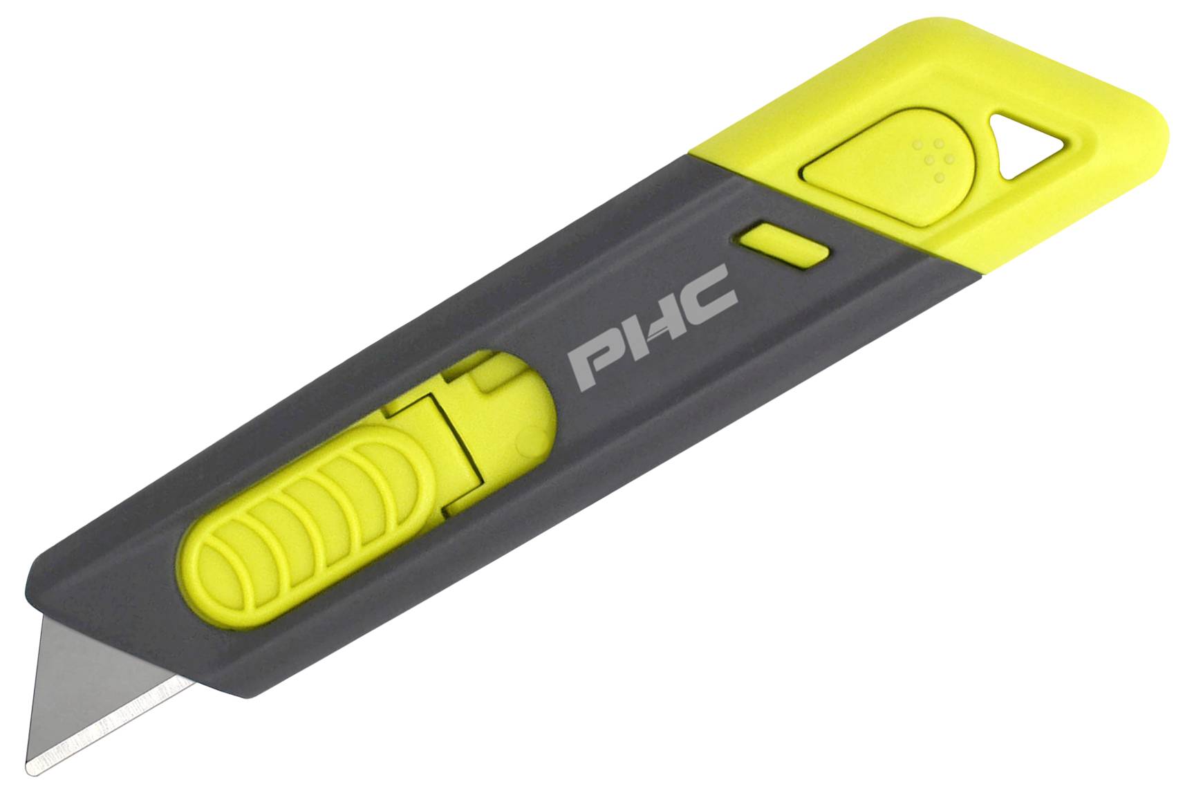 Ein graues und gelbes Sicherheitsmesser mit einem trapezförmigen Griff, geeignet für präzise Schneidarbeiten.