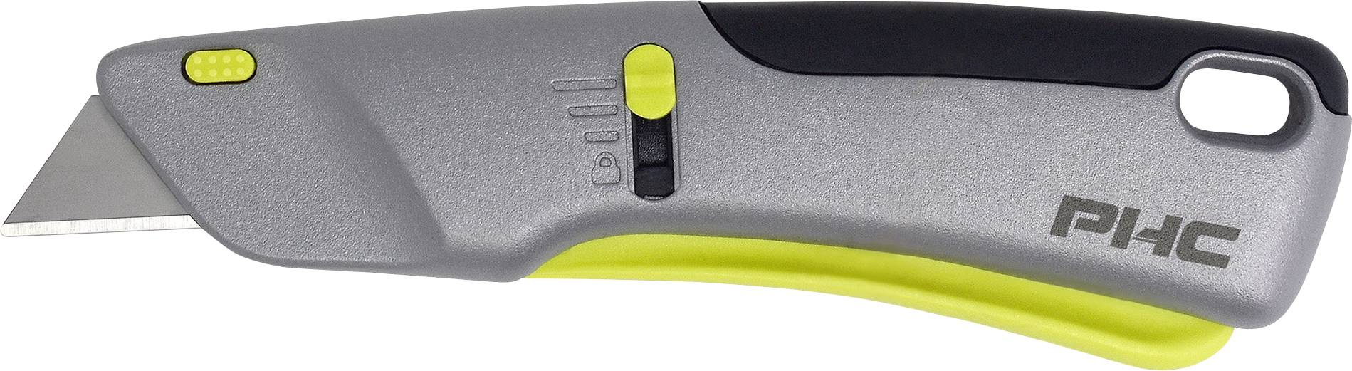 Ein graues und gelbes Sicherheitsmesser mit einem ausfahrbaren Klingenmechanismus und einem ergonomischen Griff.