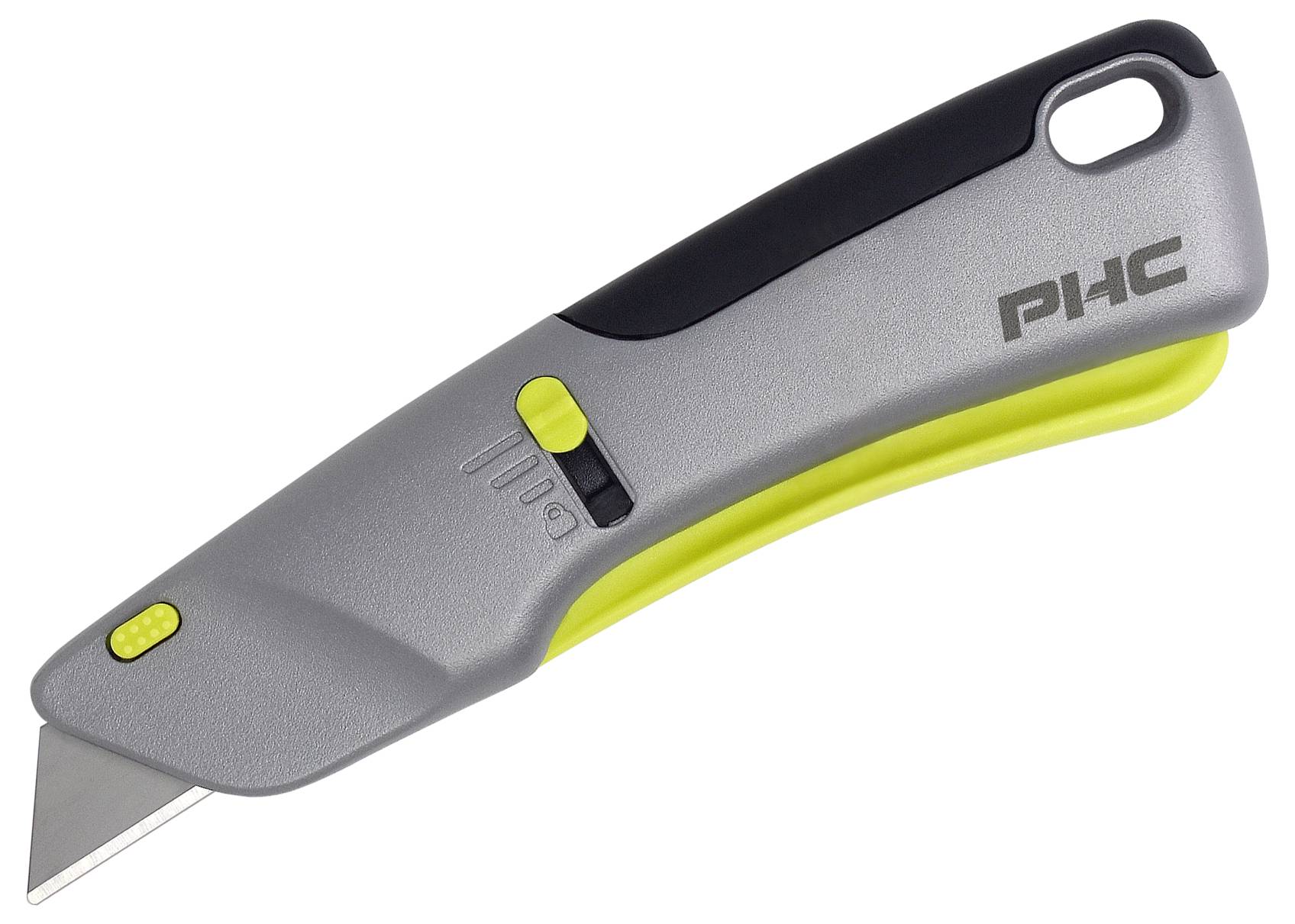 Grau-gelbes Sicherheitsmesser mit ausfahrbarer Klinge, ergonomischem Griff und Verriegelungsmechanismus.