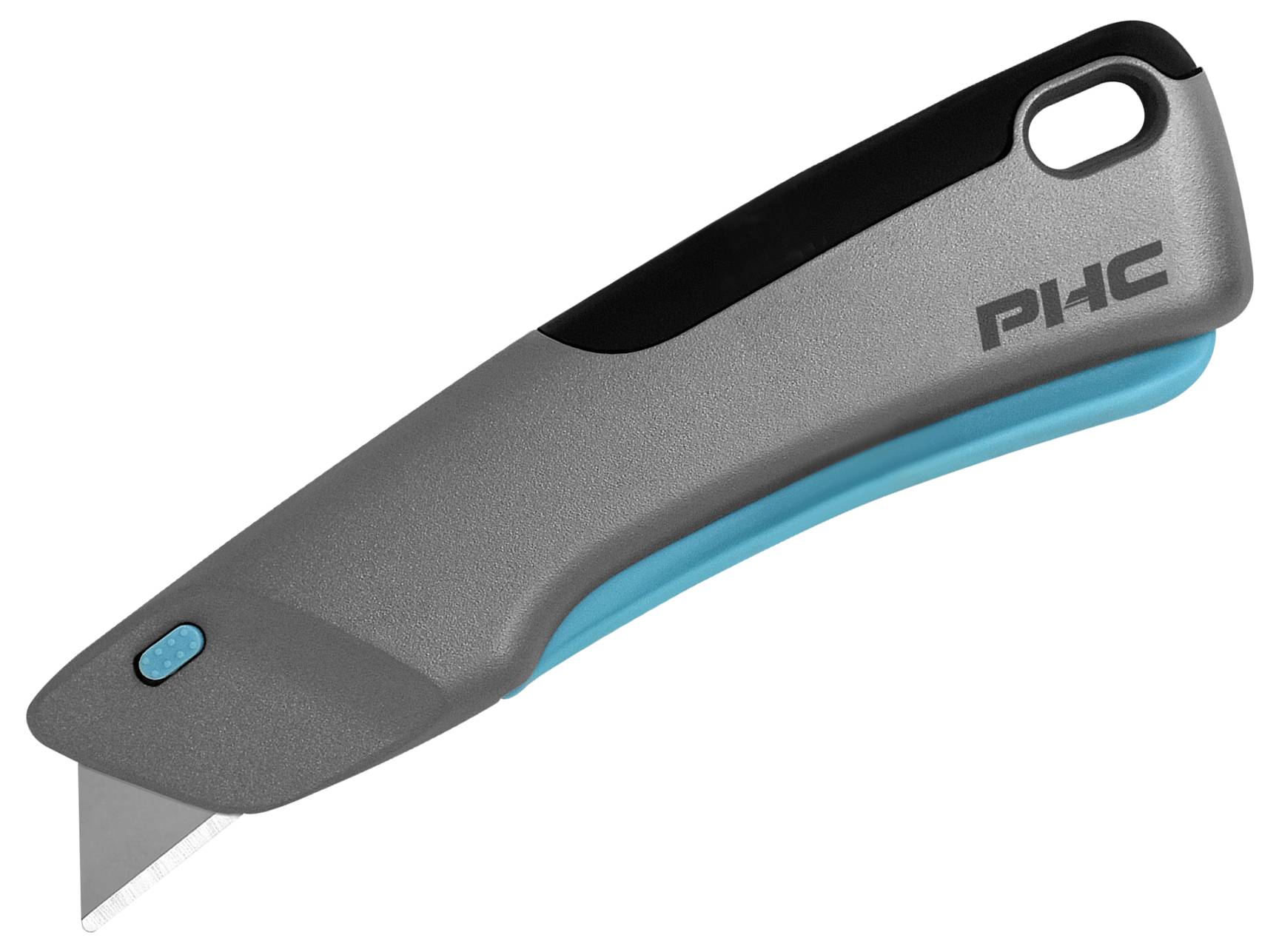 Grau-schwarzes Sicherheitsmesser mit blauer Unterseite. Ergonomisches Design, mit Klingenschlitten und PHC-Logo auf der Seite.