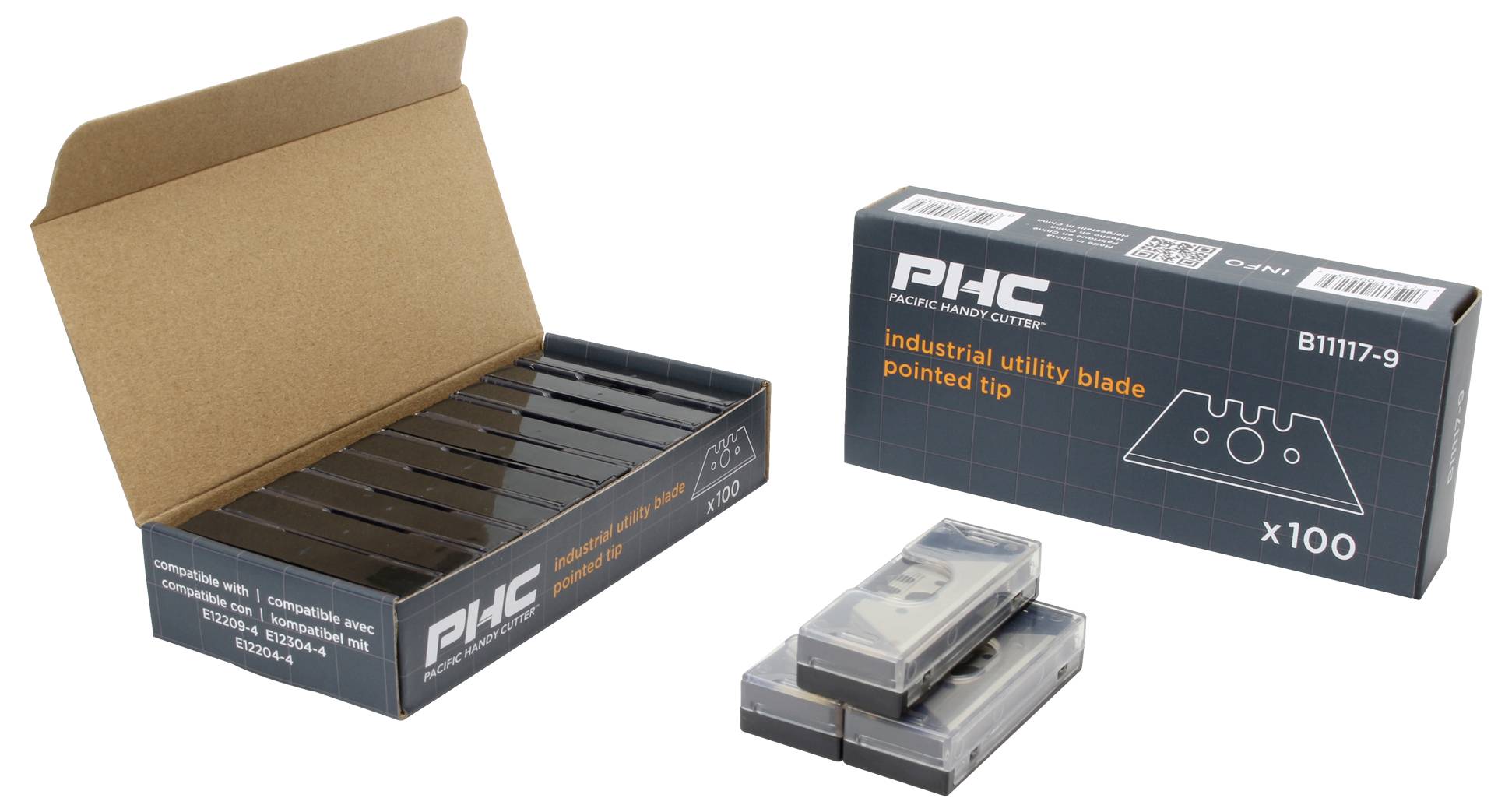 'PHC Industriemesser mit spitzer Spitze' Verpackung und offene Schachtel mit zehn Messern. Teile der Klingen in Kunststoffgehäusen sichtbar.