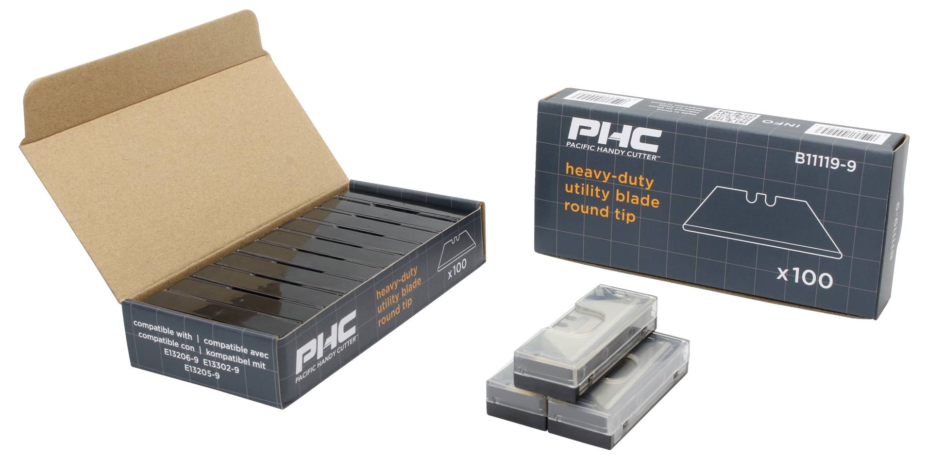 Offene und geschlossene Verpackung von robusten Universal-Trapezklingen. Etikett zeigt 'heavy-duty utility blade round tip x100'.