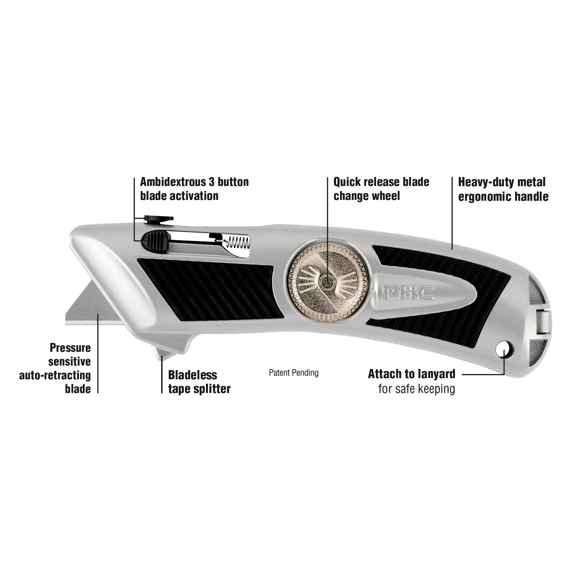 Ein robustes ergonomisches Messer mit druckempfindlicher, automatisch einziehbarer Klinge, Lanyard-Funktion und beidhändiger Benutzerfreundlichkeit.