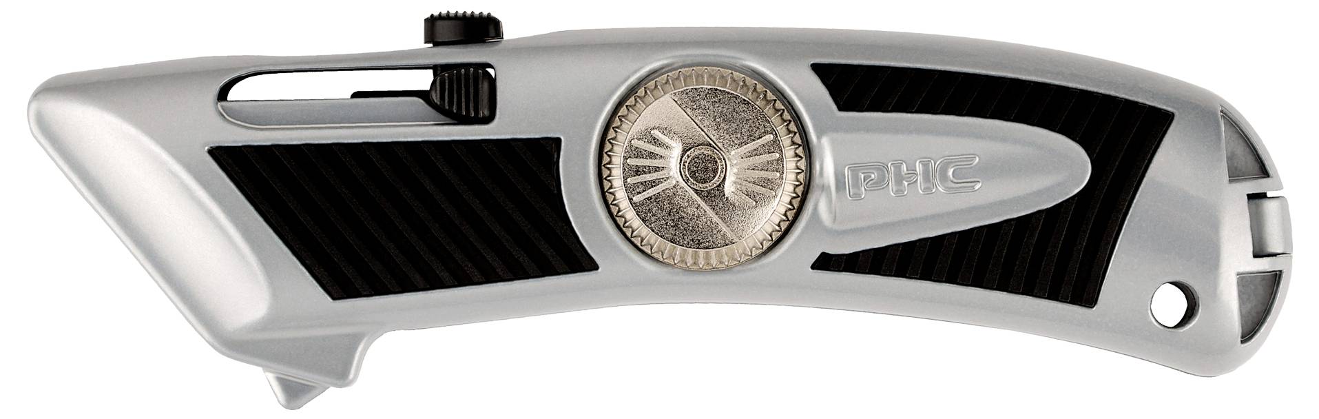 Ein silbernes Sicherheitsmesser mit schwarzen Griffen und einem Einstellrad in der Mitte, das für verschiedene Klingenpositionen verwendet wird.