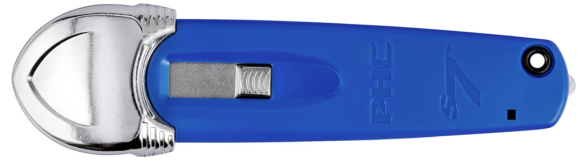 Ein blauer Sicherheitskartonmesser mit metallischer Spitze und Klinge, für präzises Schneiden geeignet.