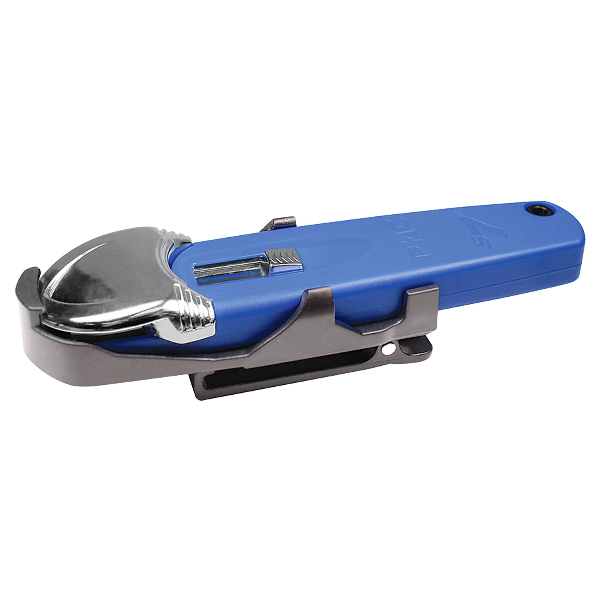 Ein blauer Sicherheitsgurt-Schneider mit einem Metallschneider und Clips, geeignet für Rettungseinsätze oder Notfallwerkzeuge.