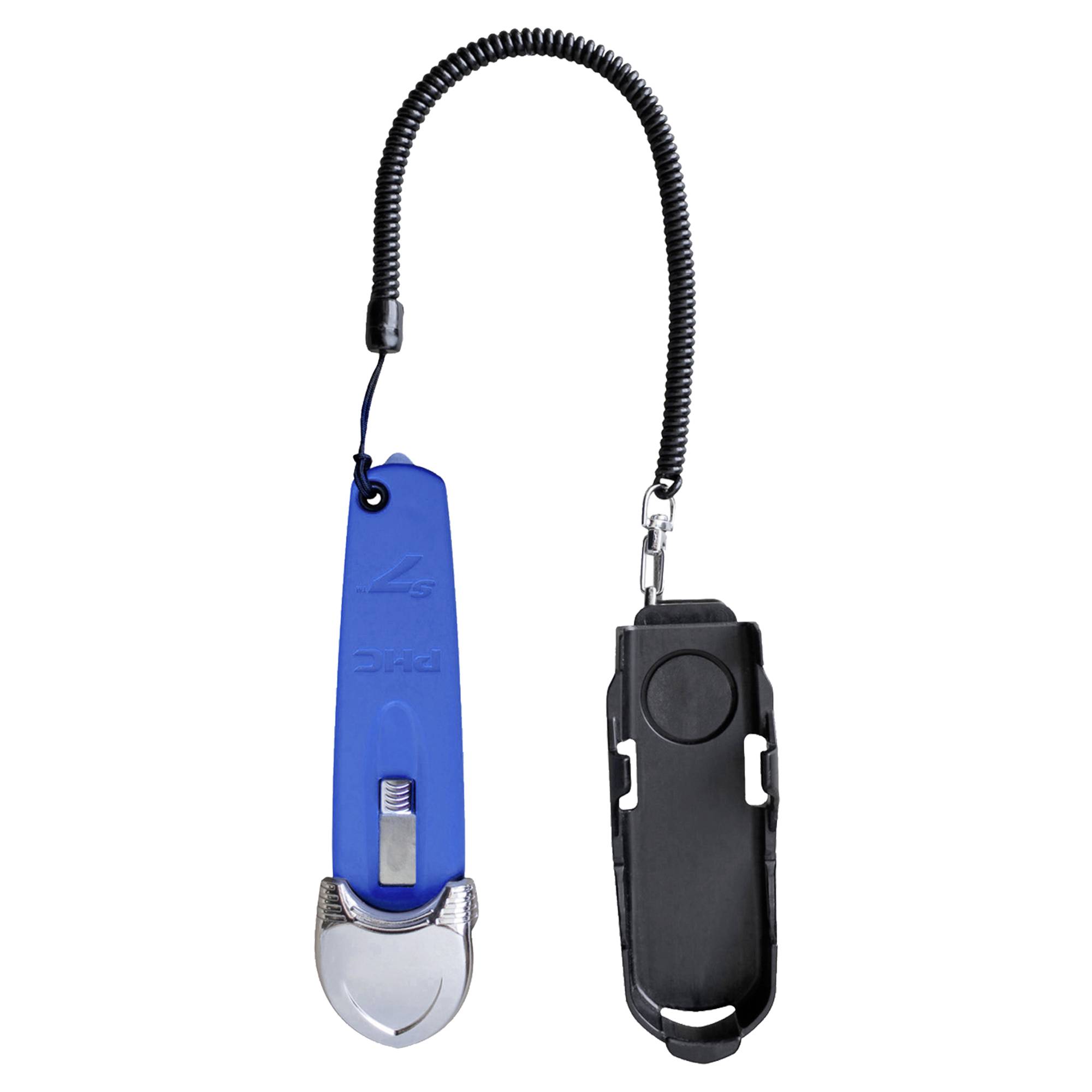 Handschneider mit blauer Abdeckung und Sicherungsseil, verbunden mit schwarzer Halterung.