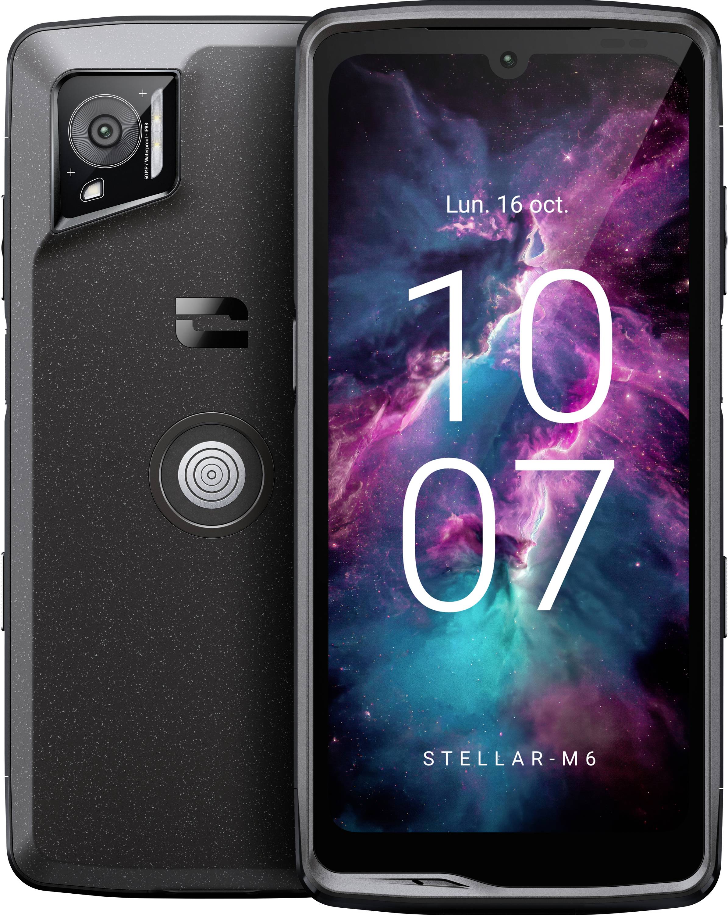 Ein Smartphone mit Hülle auf der linken Seite. Auf dem Display Datum und Uhrzeit: 'Lun. 16 oct.' und '10:07'.