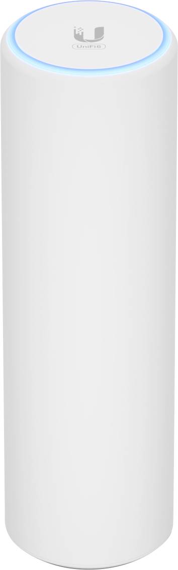 Weißer, zylindrischer WLAN-Access-Point mit blauem LED-Ring an der Oberseite, markiert mit einem Logo.