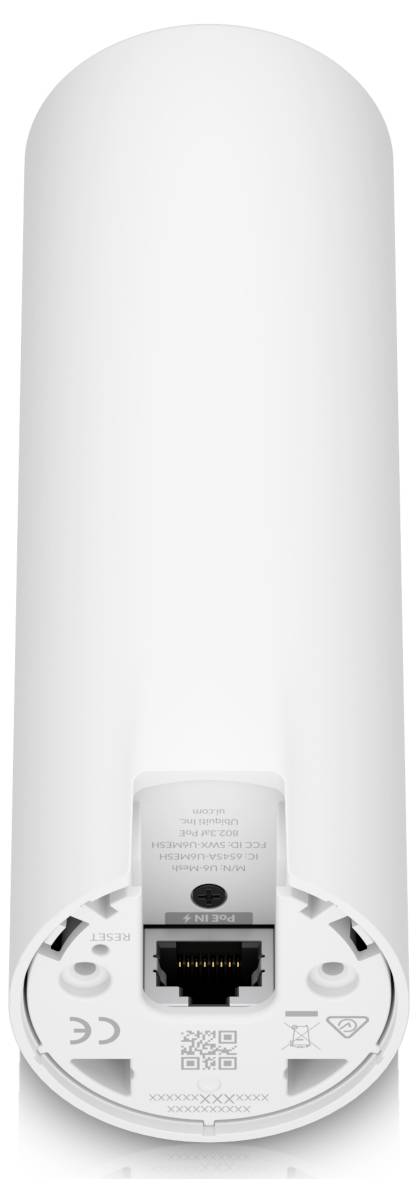 Ein weißer zylindrischer Router mit Anschlüssen auf der Rückseite, einschließlich Netzwerkkabel- und Stromanschluss.