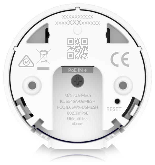 Rückseite eines runden Geräts mit Anschlüssen und Symbolen. QR-Code und Modellnummer sind sichtbar. Markenname 'Ubiquiti'.