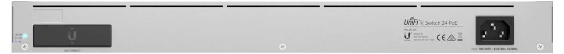 Rückseite eines UniFi-Switches mit Netzanschluss und Schalter, Markenlogo und technischen Spezifikationen.