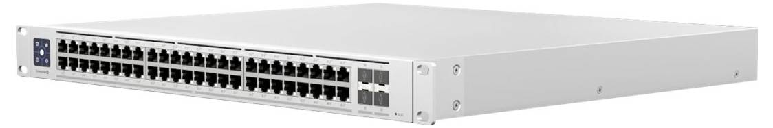 Netzwerk-Switch mit 48 Ethernet-Ports und vier SFP-Ports, in einem silbernen Metallgehäuse.