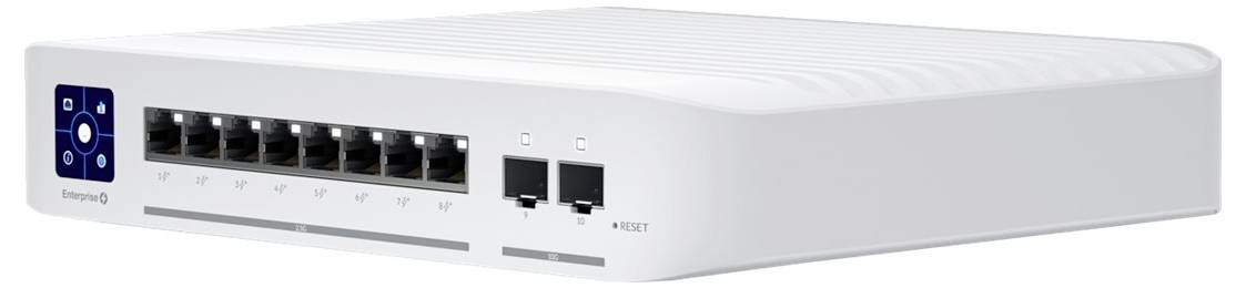 Ein weißer Netzwerk-Switch mit acht RJ-45-Ports, zwei SFP-Ports und einem Reset-Knopf. Auf der linken Seite befindet sich ein Steuerungsfeld.