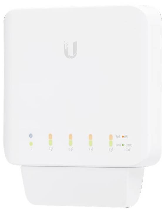 Ein weißer Netzwerk-Switch mit fünf Ethernet-Ports, LED-Anzeigen für Verbindungen und Aktivität. Das Logo eines Herstellers ist sichtbar.