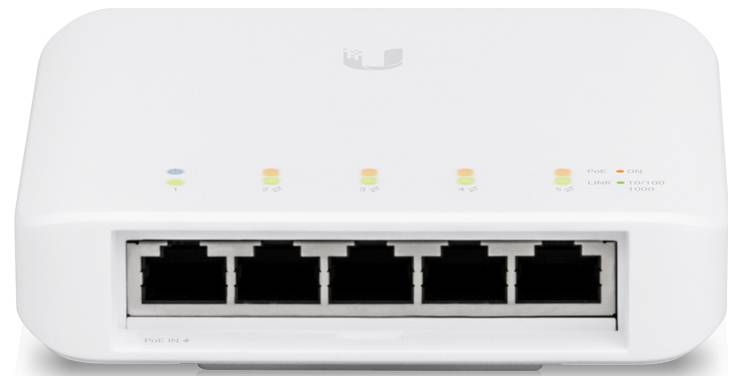Ein weißer Netzwerk-Switch mit fünf Ethernet-Ports und LED-Anzeigen oben für Statusanzeige.