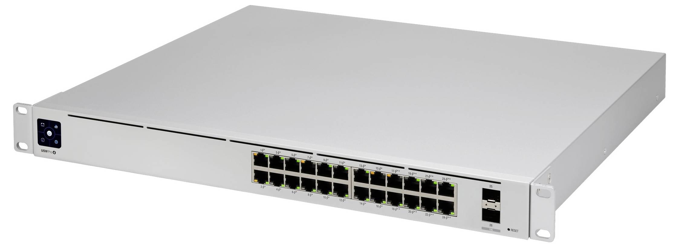 Silberner 24-Port-Netzwerk-Switch mit Standard-Rackmontage. Ideal für professionelle IT-Einrichtungen zur Verwaltung von Netzwerken.