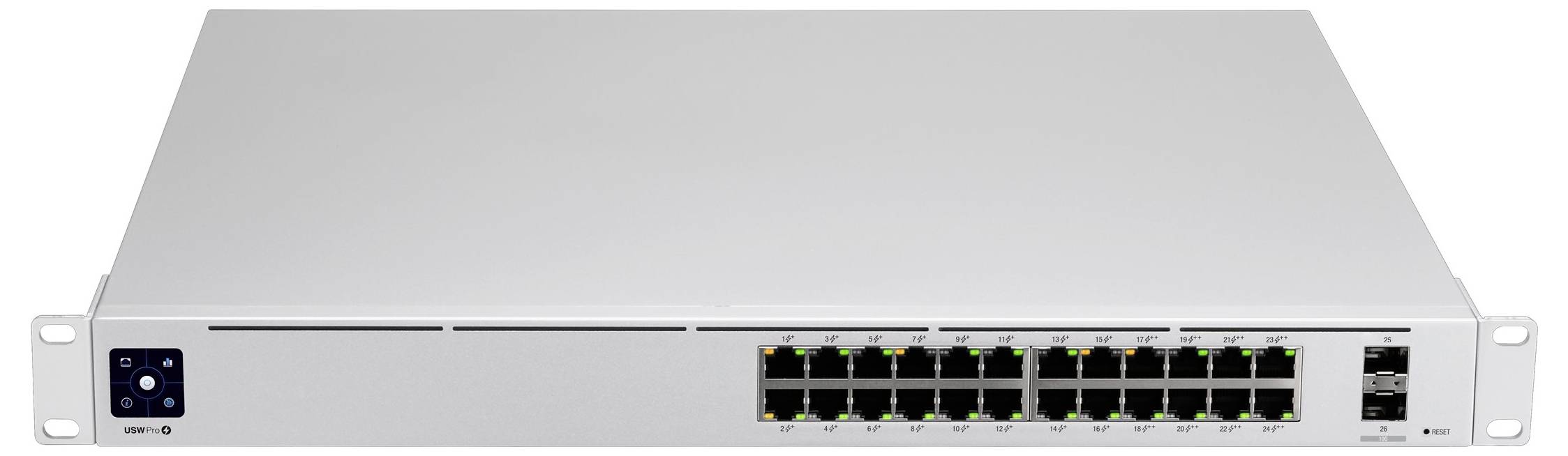 Ein Netzwerk-Switch mit 24 Ethernet-Ports in einem weißen Gehäuse, geeignet für die Rackmontage. LED-Anzeigen zeigen den Verbindungsstatus an.