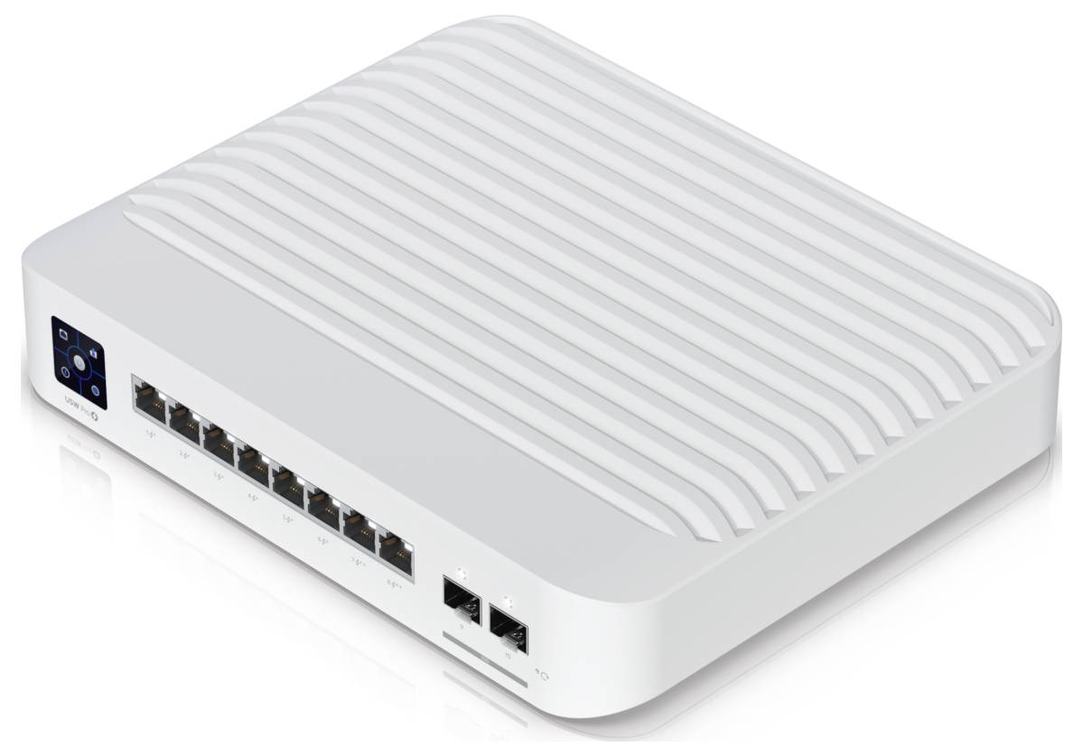 Ein weißer Netzwerkrouter mit mehreren Ethernet-Ports auf der Vorderseite und einem digitalen Bedienelement an der Seite.