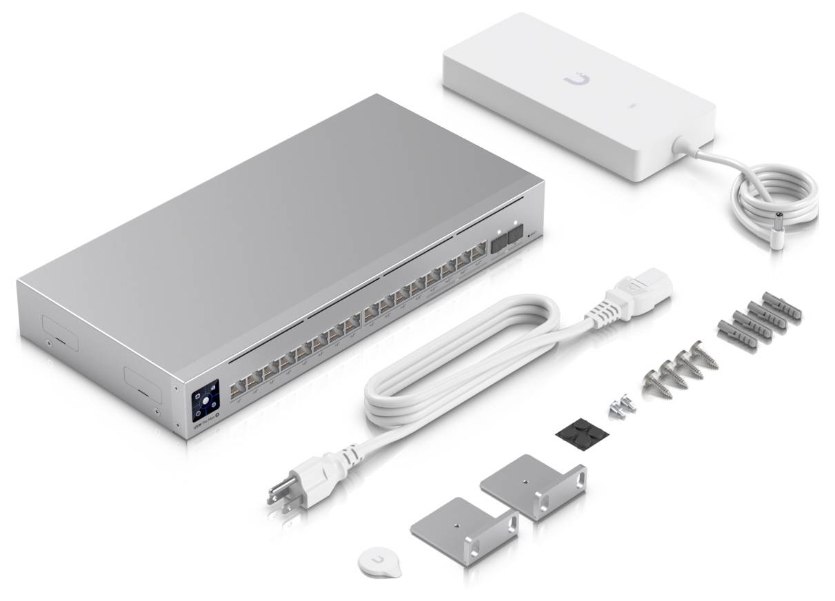 Netzwerk-Switch mit 16 Ports, Netzwerkkabel, Netzteil, Montagematerial und Anleitung sind abgebildet.