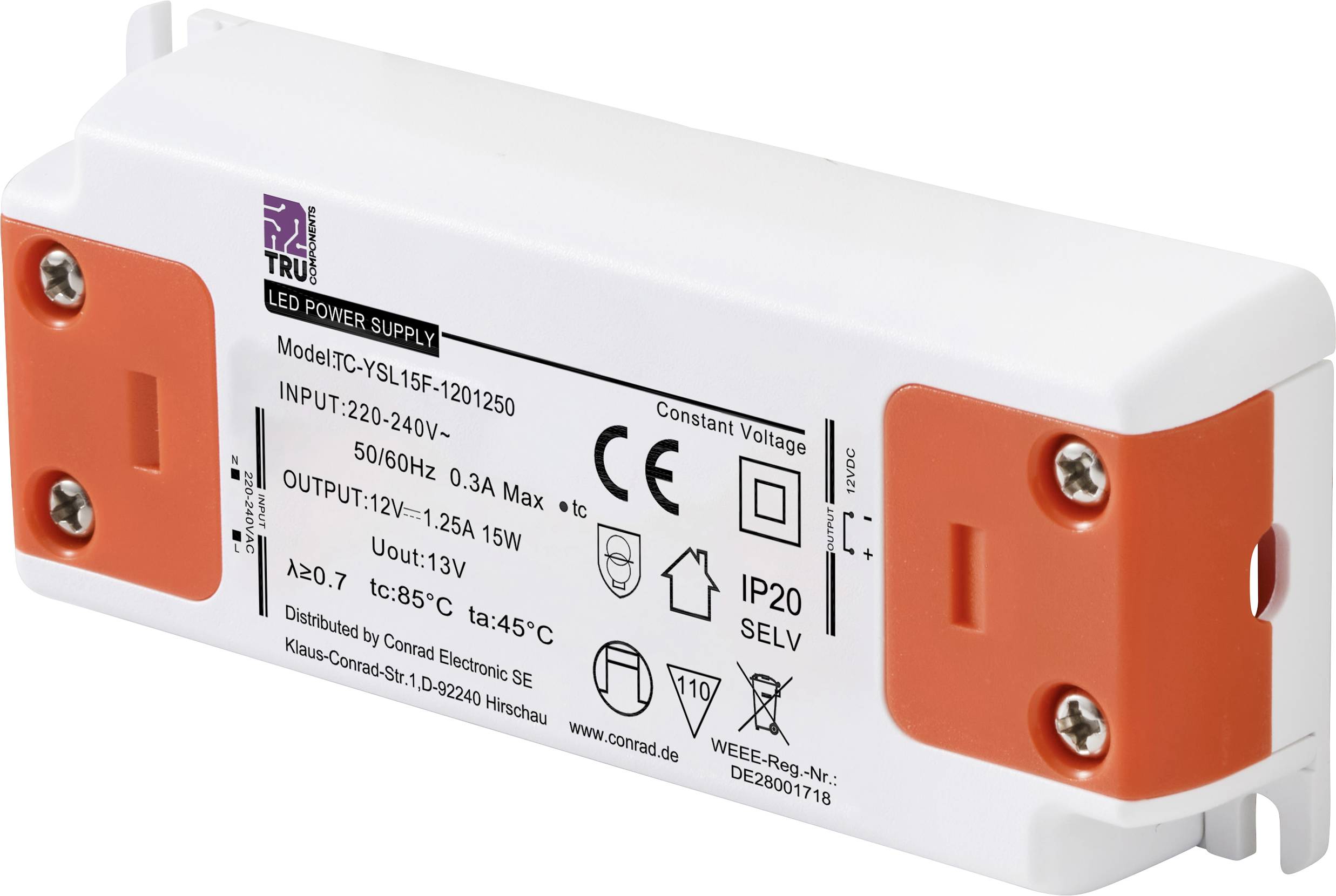 LED-Trafo, Modell TC-YSL15F-120/1250, für 220-240V Eingang, 12V Ausgang, max. 15W, Schutzart IP20, für Innenanwendungen.