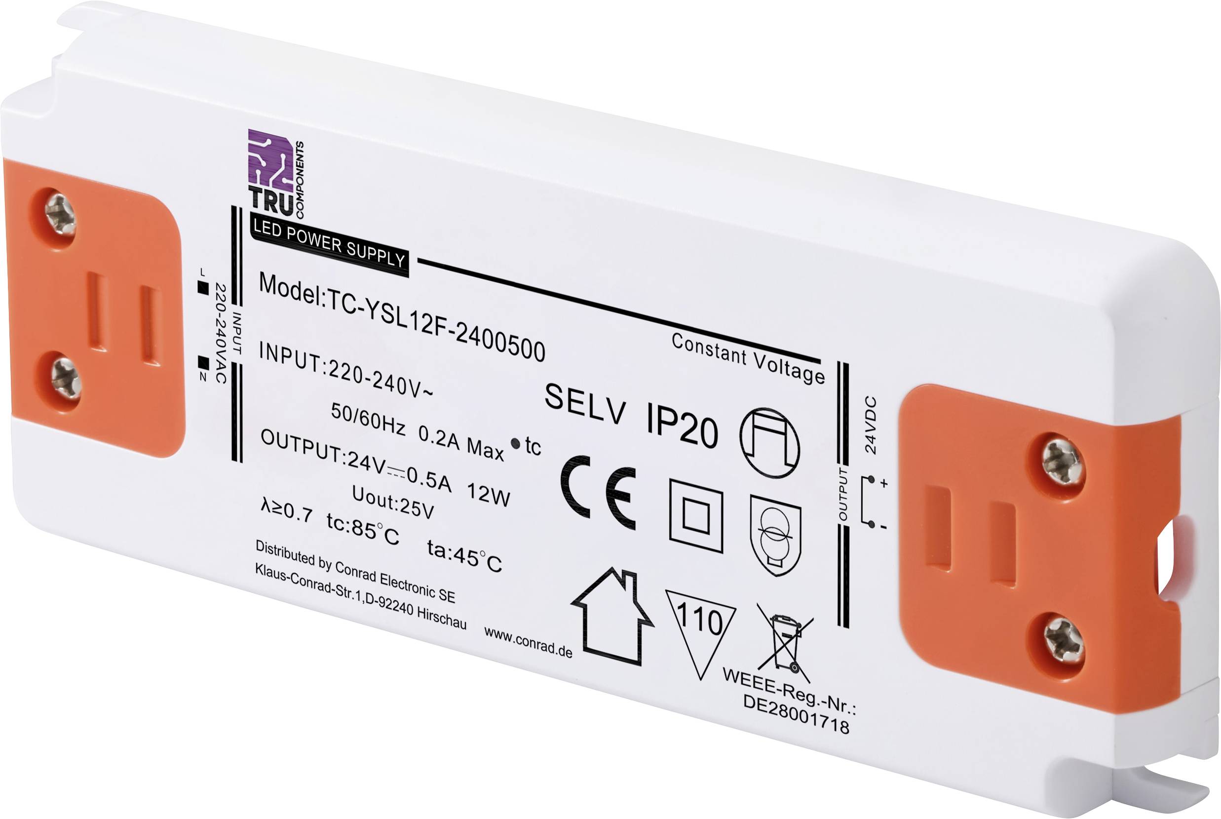 Netzteil für LED mit Modellnummer TC-YSL12F-2400500. Eingang: 220-240V, 0,2A, 12W. Ausgang: 24V, 0,5A. Schutzklasse IP20.