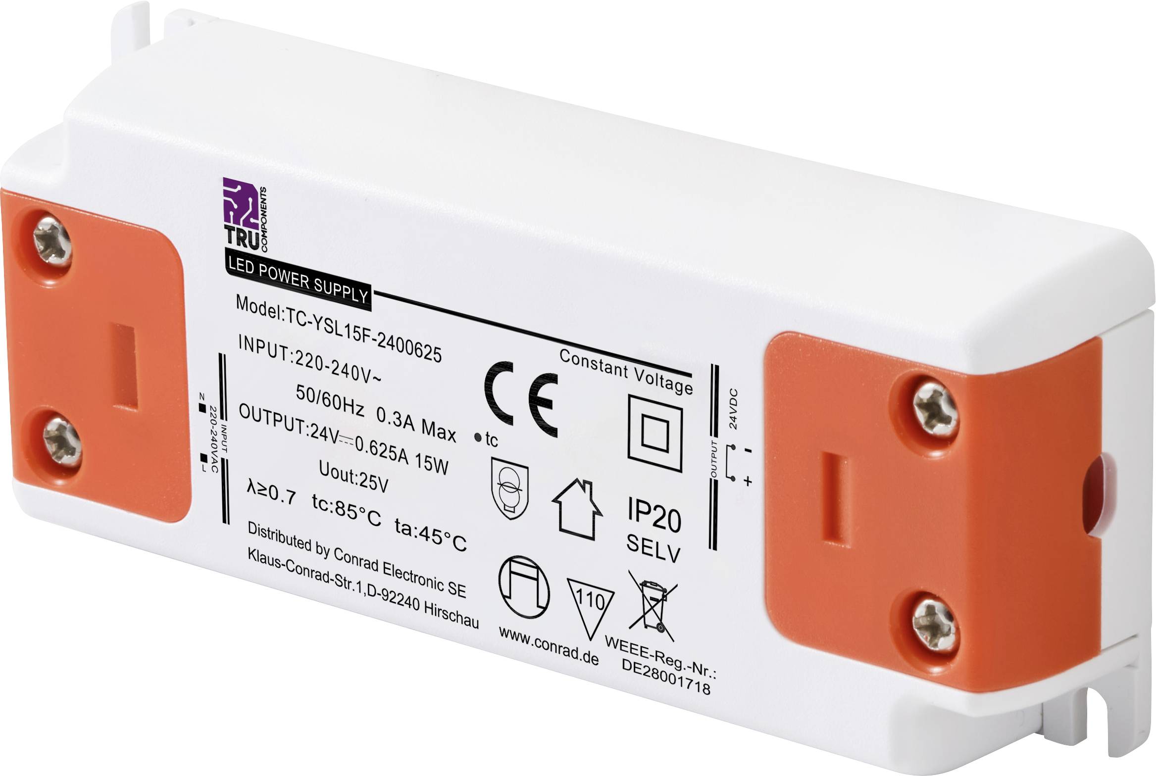 Ein LED-Netzteil mit orangen Endkappen, markiert mit Eingang 220-240V, Ausgang 15W, Schutzklasse IP20.