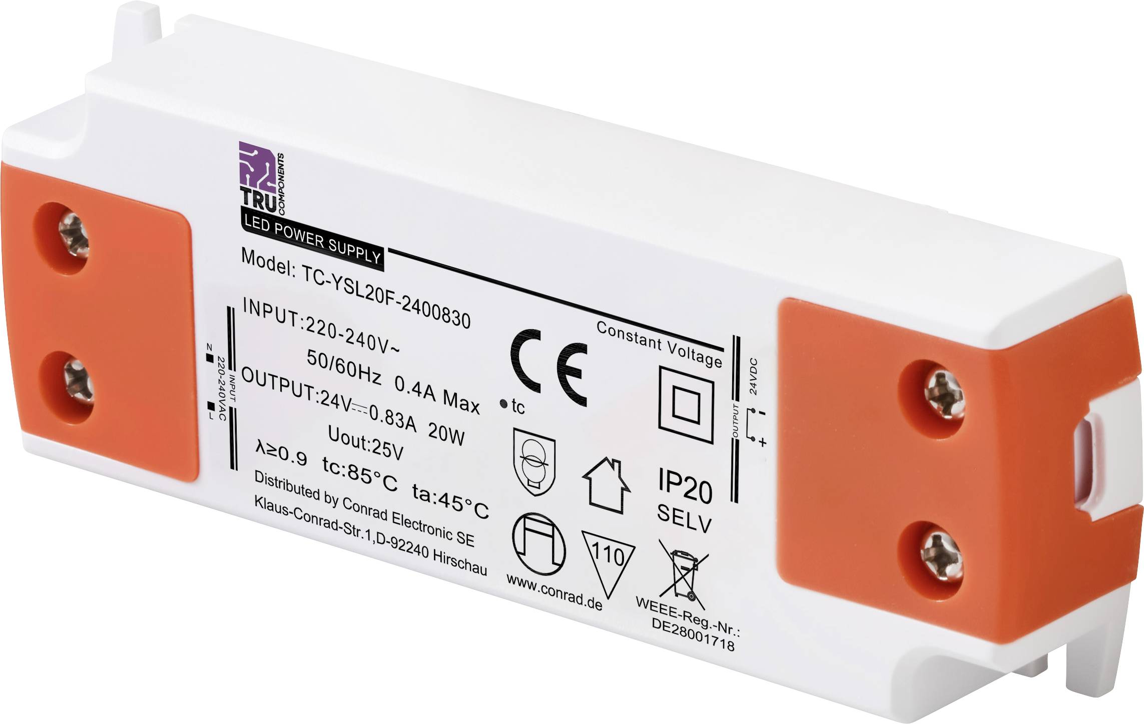 TRU COMPONENTS TC-YSL20F-2400830 LED-Trafo Konstantspannung 20W 0.83A 24 V/DC Möbelzulassung, Überspannung, Montage auf