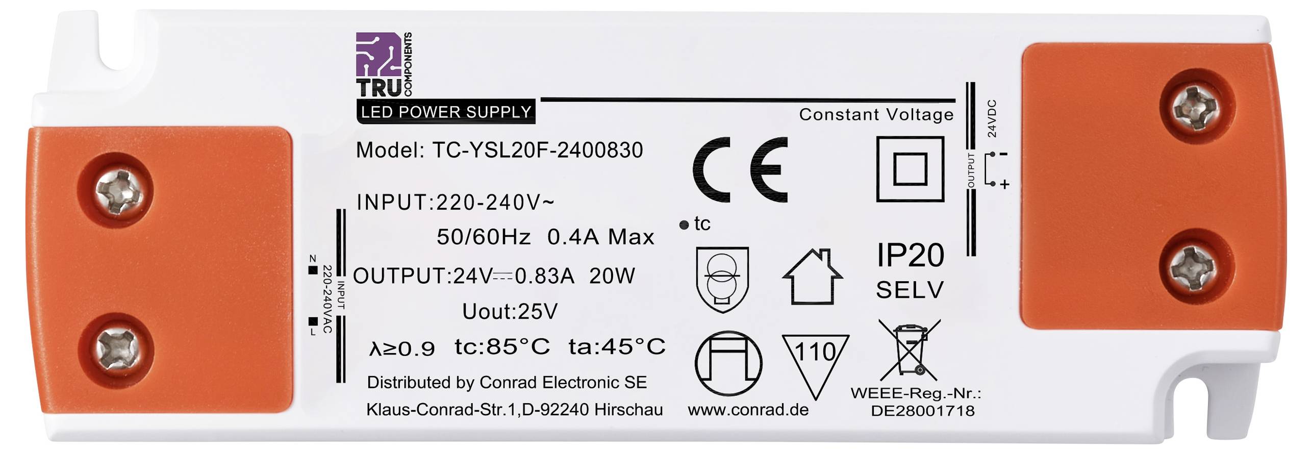 TRU COMPONENTS TC-YSL20F-2400830 LED-Trafo Konstantspannung 20 W 0.83 A 24 V/DC Möbelzulassung, Übe