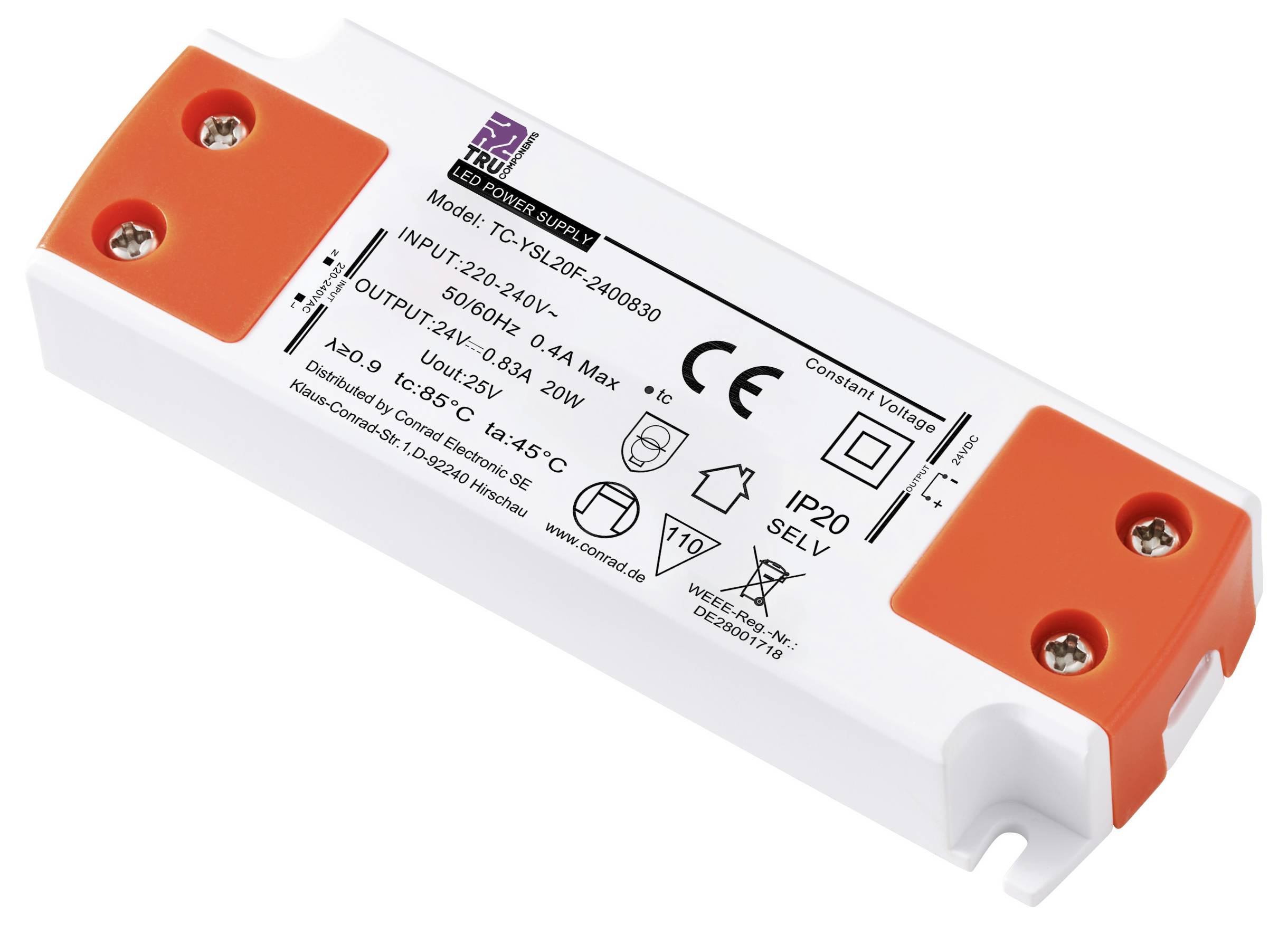 TRU COMPONENTS TC-YSL20F-2400830 LED-Trafo Konstantspannung 20 W 0.83 A 24 V/DC Möbelzulassung, Übe