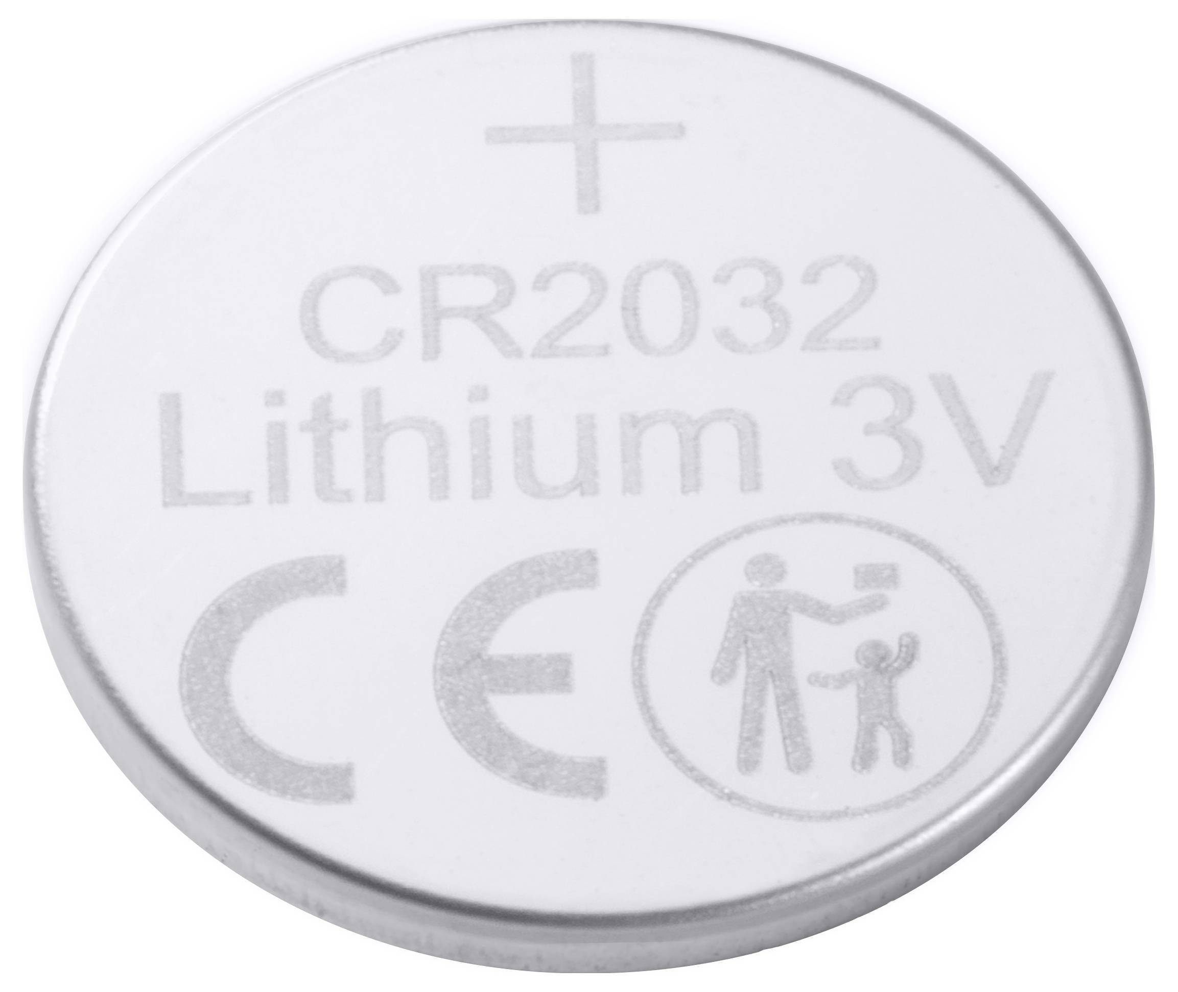 Lithium-Knopfzelle mit Aufschrift 'CR2032, Lithium 3V', daneben Symbole für CE-Zertifizierung und Warnhinweis für Kinder.