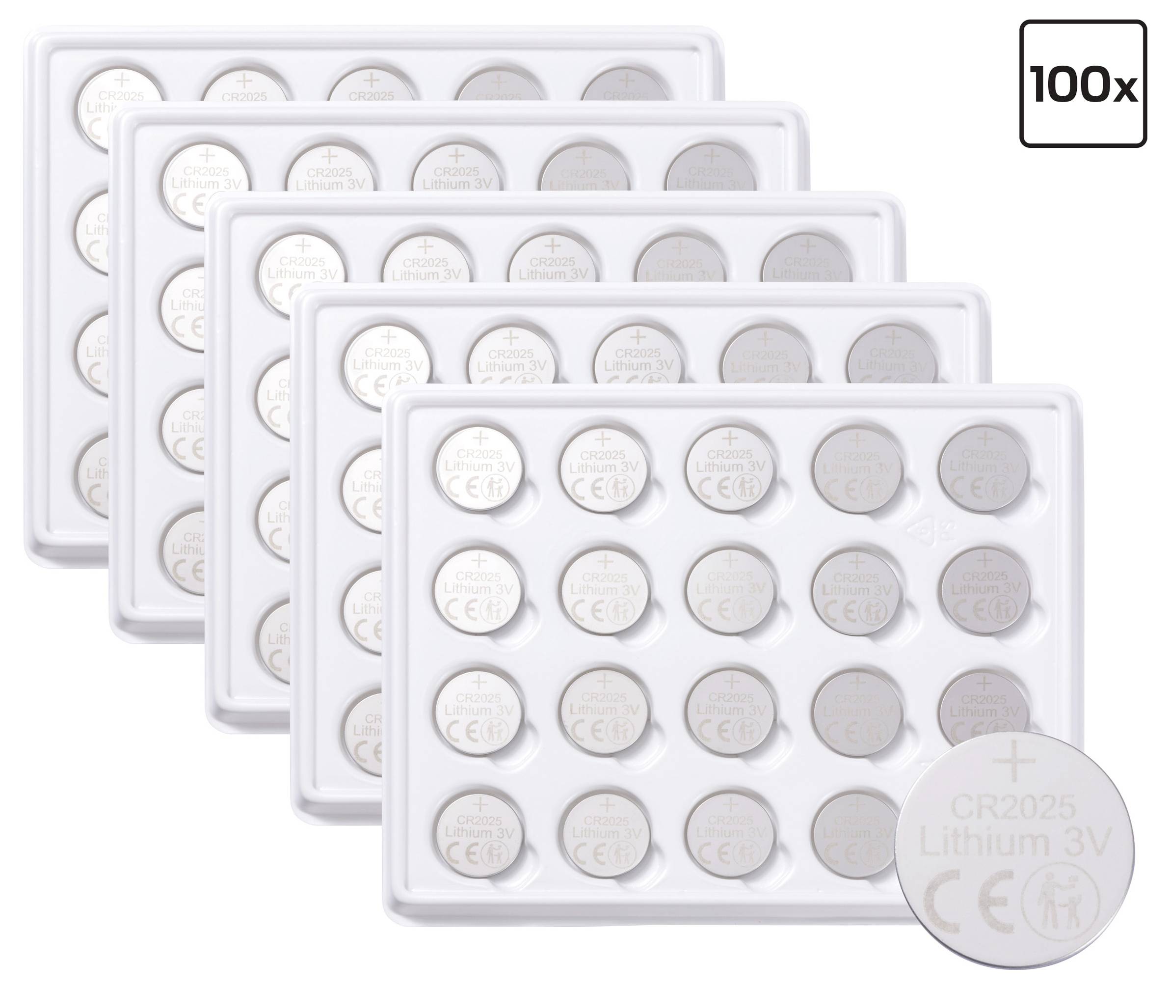 Fünf Tabletts mit CR2025 Lithium 3V Knopfzellen, wobei jedes Tablett 20 Batterien enthält, mit einer Gesamtanzahl von 100 Batterien.
