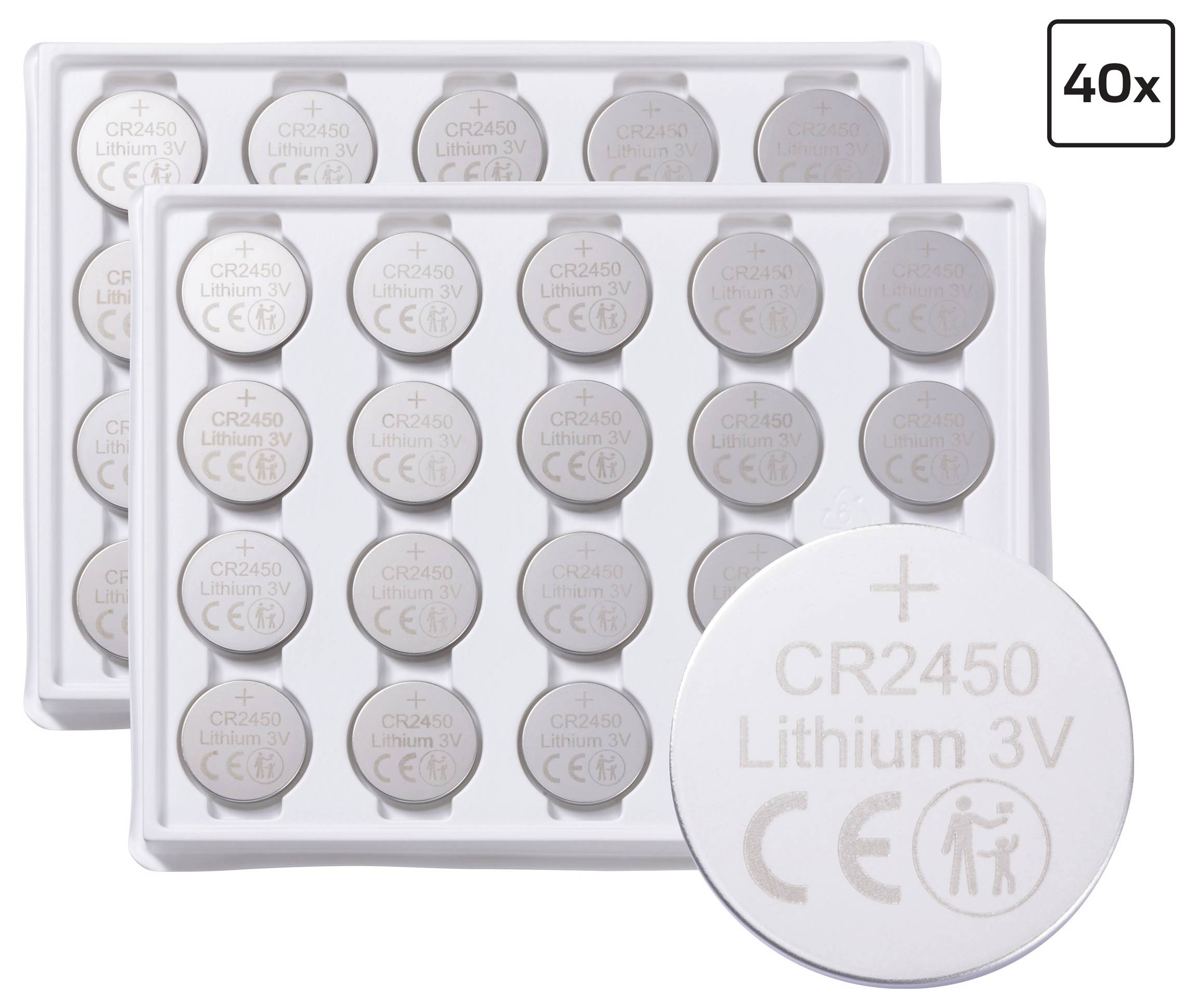 Zwei Tabletts mit jeweils 40 CR2450-Lithium-3V-Knopfbatterien, mit Aufschriften, die 
