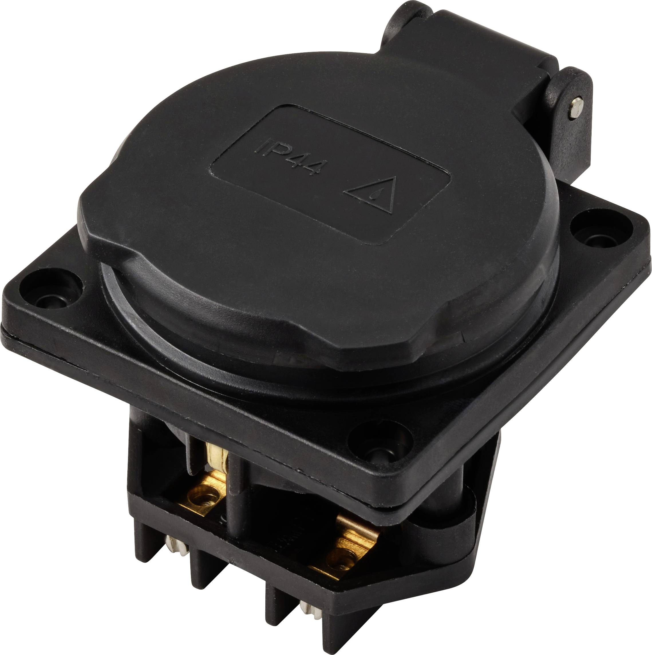 Eine schwarze Schutzkontakt-Steckdose mit der Aufschrift 'IP44', geeignet für den Einsatz in feuchten Umgebungen.