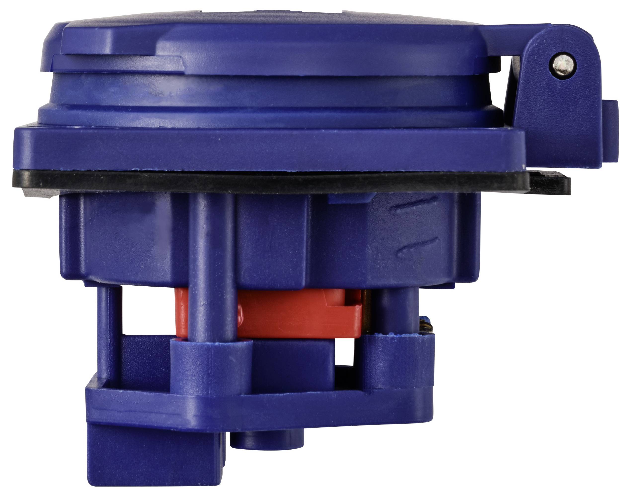 Blauer Kunststoff-Bauteil mit abgerundetem Deckel und Hebelmechanismus an der Seite, möglicherweise ein industrielles Ventil.