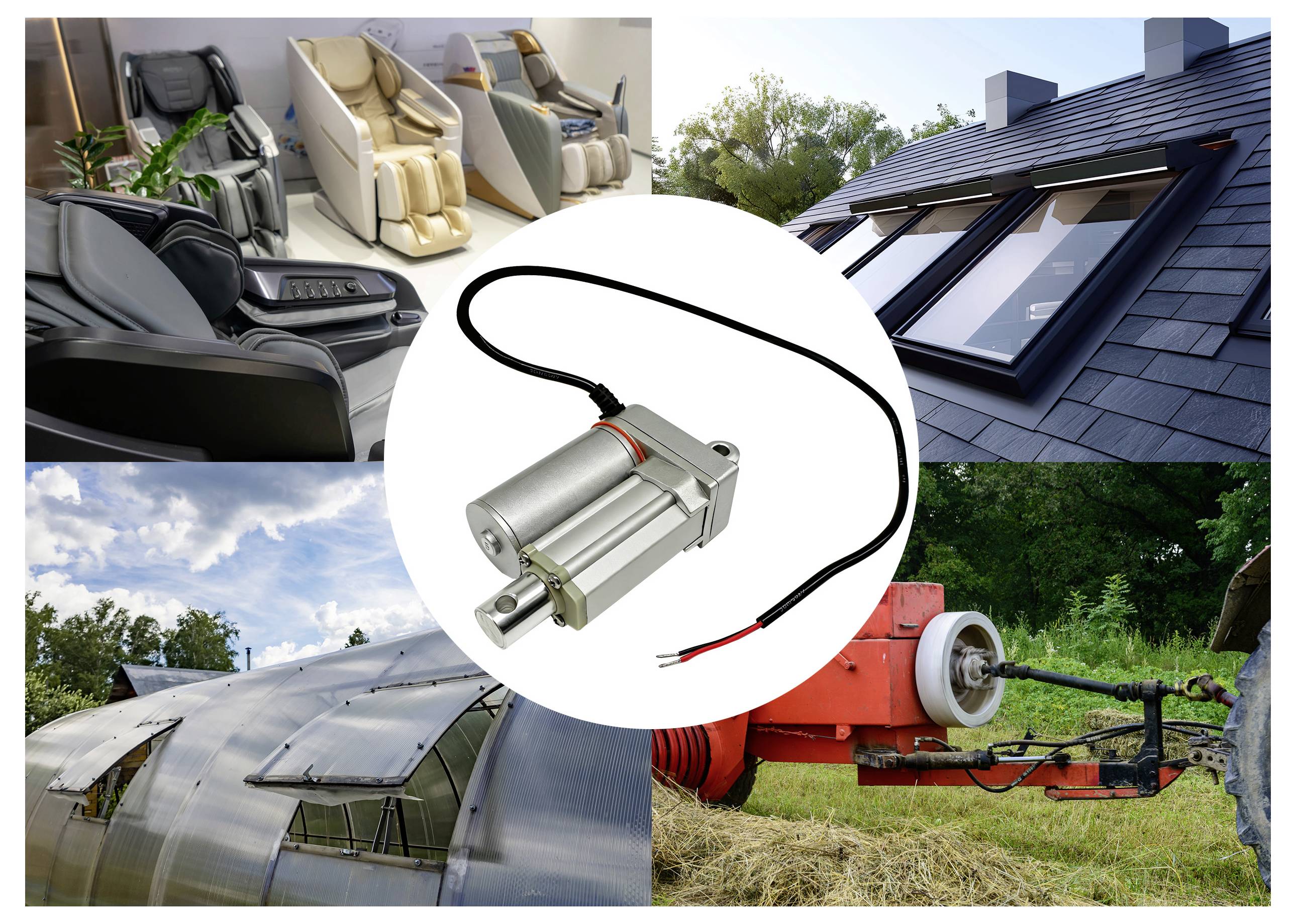 Collage von Industrie- und Haushaltsprodukten, zentriert auf einen Linearaktuator mit Drähten, umgeben von Liegestühlen, Dachfenstern, einem Gewächshaus und landwirtschaftlichen Geräten.