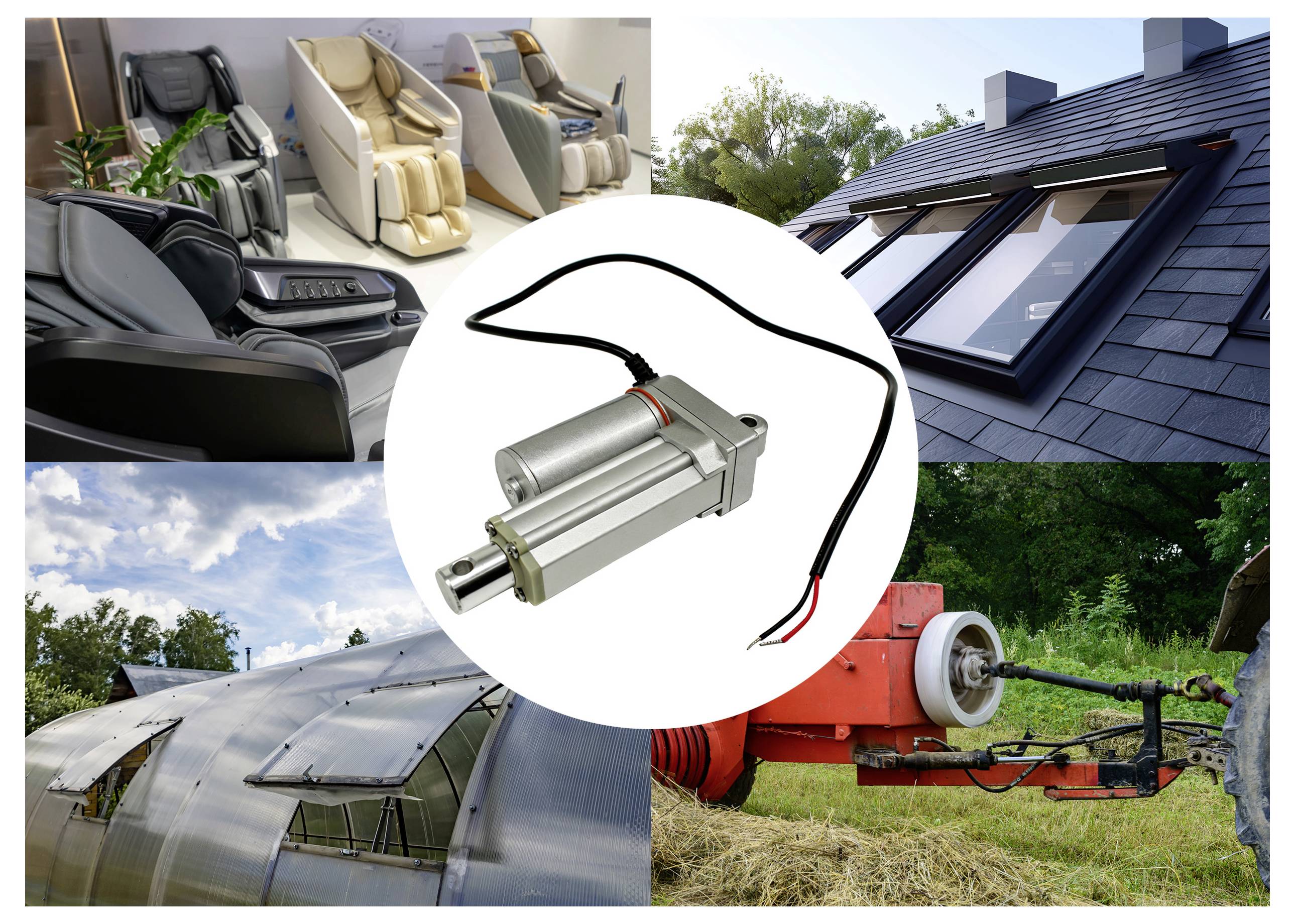 Elektrischer Linearaktuator in einer Collage mit Anwendungen in Relaxsesseln, Dachfenstern, Gewächshauslüftungen und Landmaschinen.