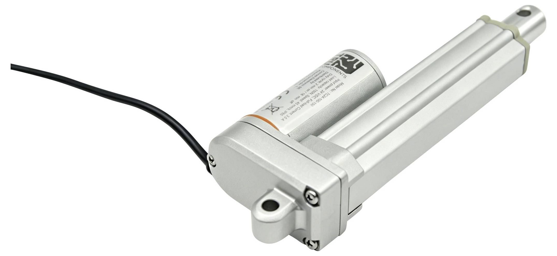 Silberner elektrischer Linearantrieb mit angeschlossenem Stromkabel und Befestigungswinkeln auf weißem Hintergrund.